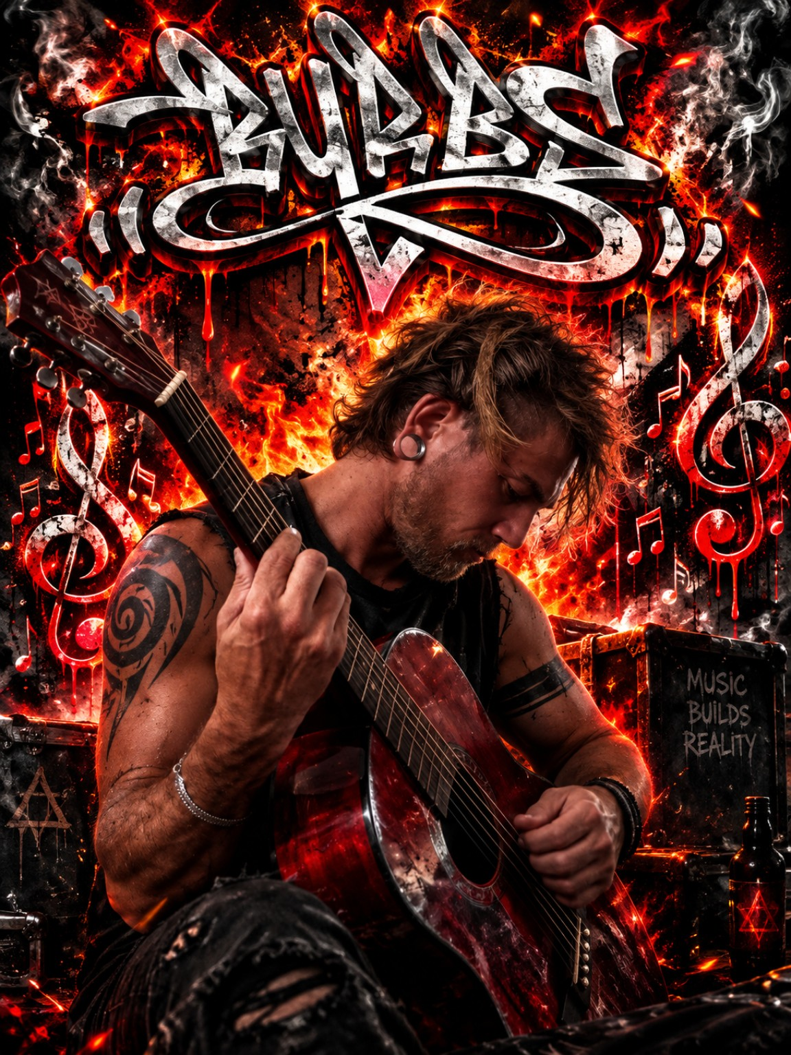 BURBS guitar and fire artwork
