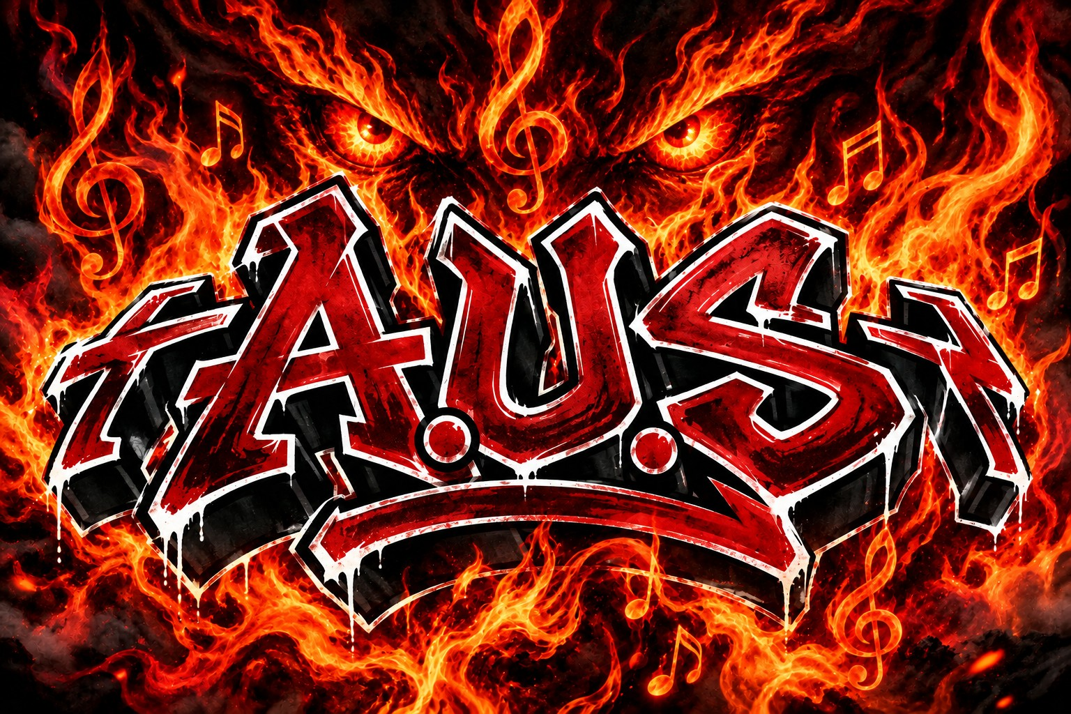 A.U.S fire artwork with graffiti lettering, flames, burning eyes and musical symbols